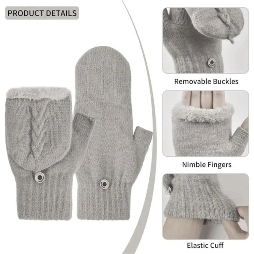2 Pairs Women's Fingerless Wool Gloves Warm Fleece Lined Knit Texting Mittens